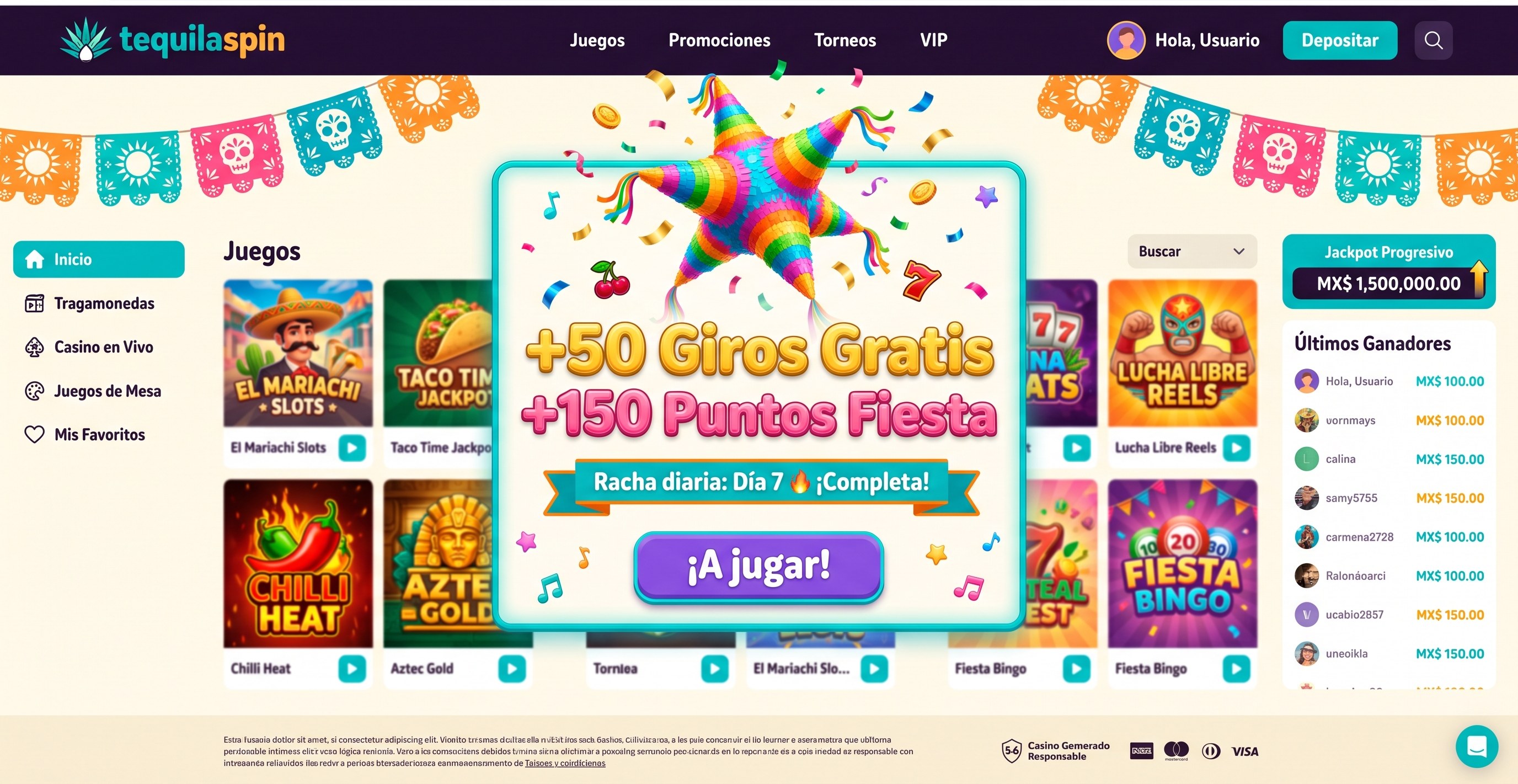 A Momentum daily reward moment on the TequilaSpin brand: a piñata bursts with confetti revealing free spins, points and a completed daily streak