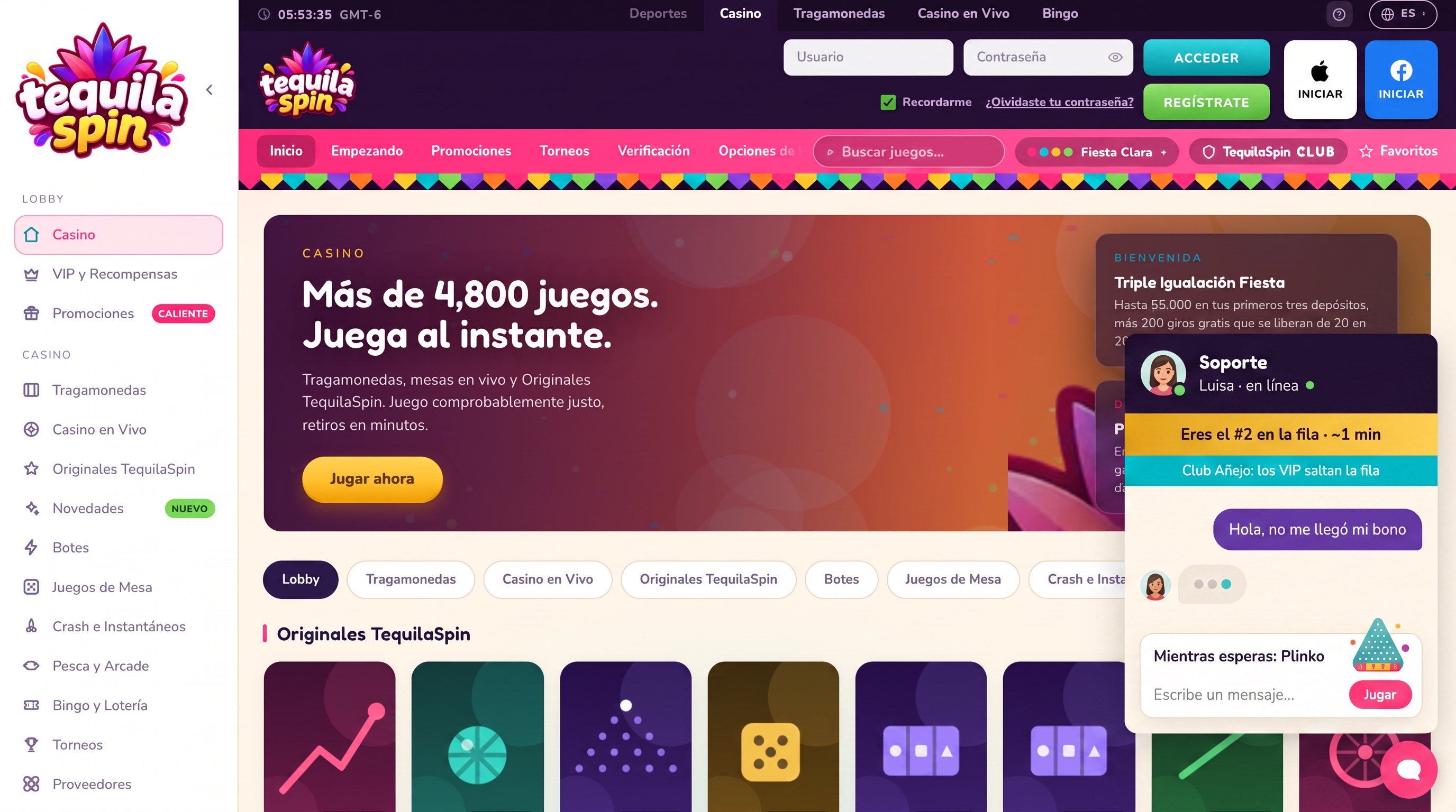 Relay live chat open on the TequilaSpin casino lobby: Soporte panel with agent online, queue position banner, Club Añejo VIP queue-jump strip, player message about a bonus and a Plinko game to play while waiting