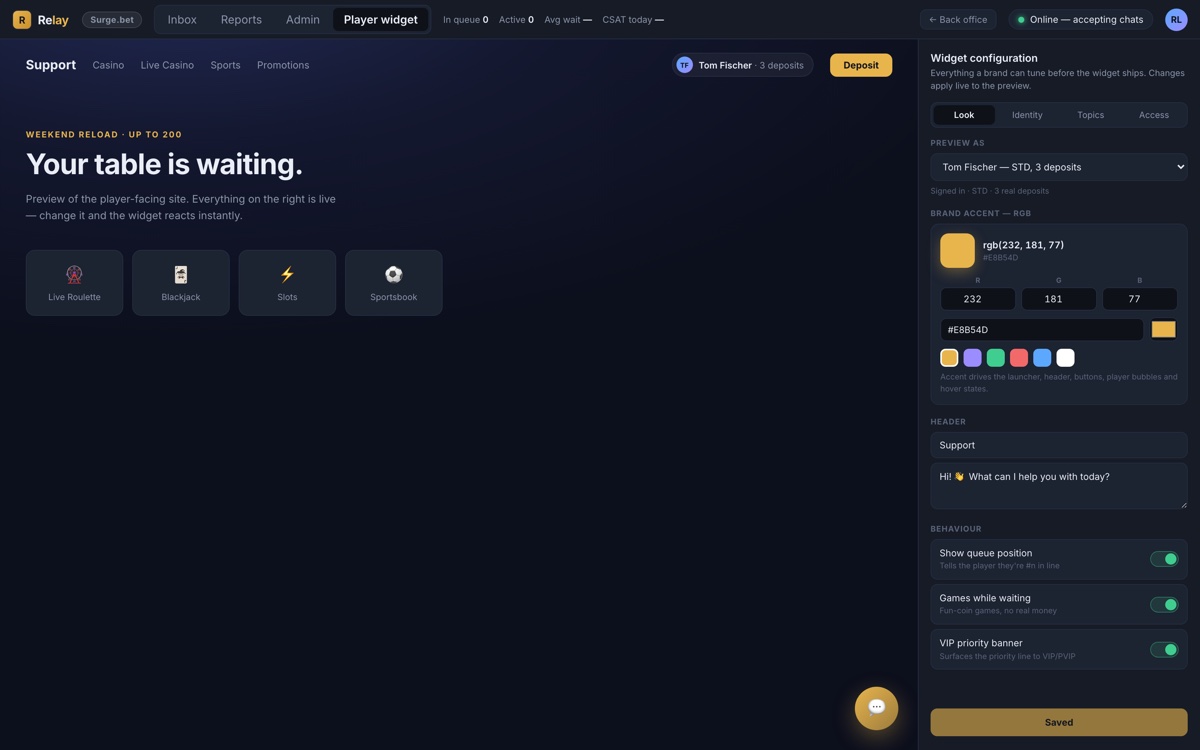 Relay live chat console: player widget configuration with live preview, queue position display, fun-coin games while waiting and VIP priority, with deposit context beside the conversation