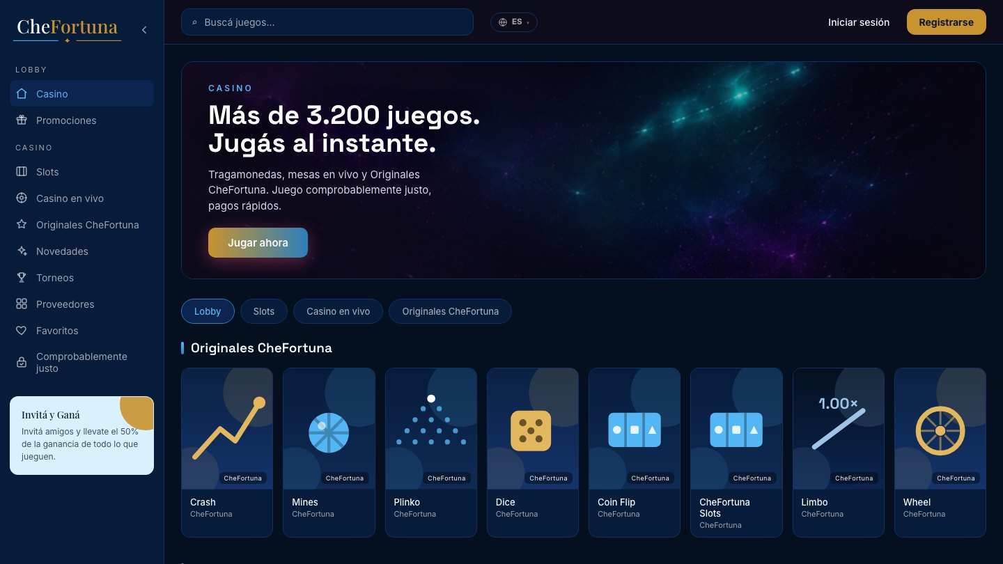 Surge platform player frontend running the CheFortuna demo brand: dark navy casino lobby in Argentine Spanish with hero banner, category chips and house originals row including Crash, Mines, Plinko and Wheel