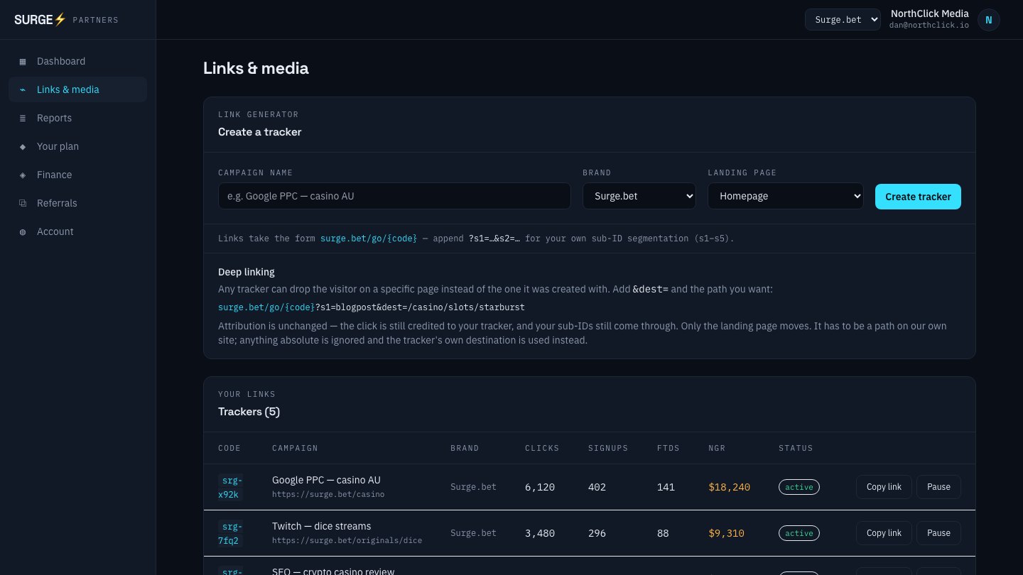 Vector partner portal: link generator with brand and landing page selection, deep linking, and a tracker table with clicks, signups, FTDs and NGR per campaign